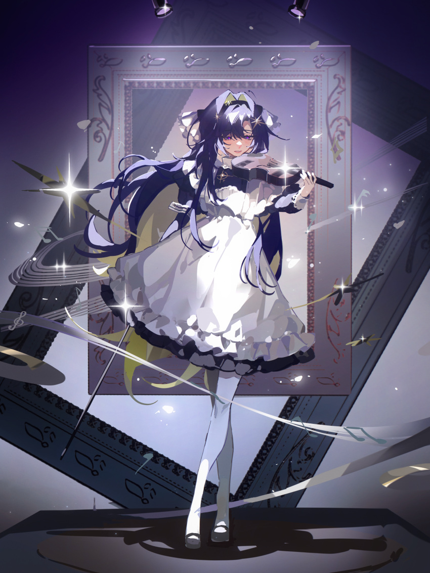 1girl, absurdres, apron, beamed_eighth_notes, beamed_sixteenth_notes, black_footwear, bow_(music), chinese_commentary, commentary_request, crossed_legs, dadapangbbf, dress, eighth_note, hair_intakes, hair_ornament, highres, holding, holding_bow_(music), holding_instrument, holding_violin, instrument, long_hair, long_sleeves, maid_apron, music, musical_note, pantyhose, parted_lips, picture_frame, playing_instrument, purple_background, purple_dress, purple_hair, reverse:1999, sixteenth_note, smile, solo, spotlight, staff, star_(symbol), star_hair_ornament, treble_clef, violet_eyes, violin, voyager_(reverse:1999), white_apron, white_pantyhose