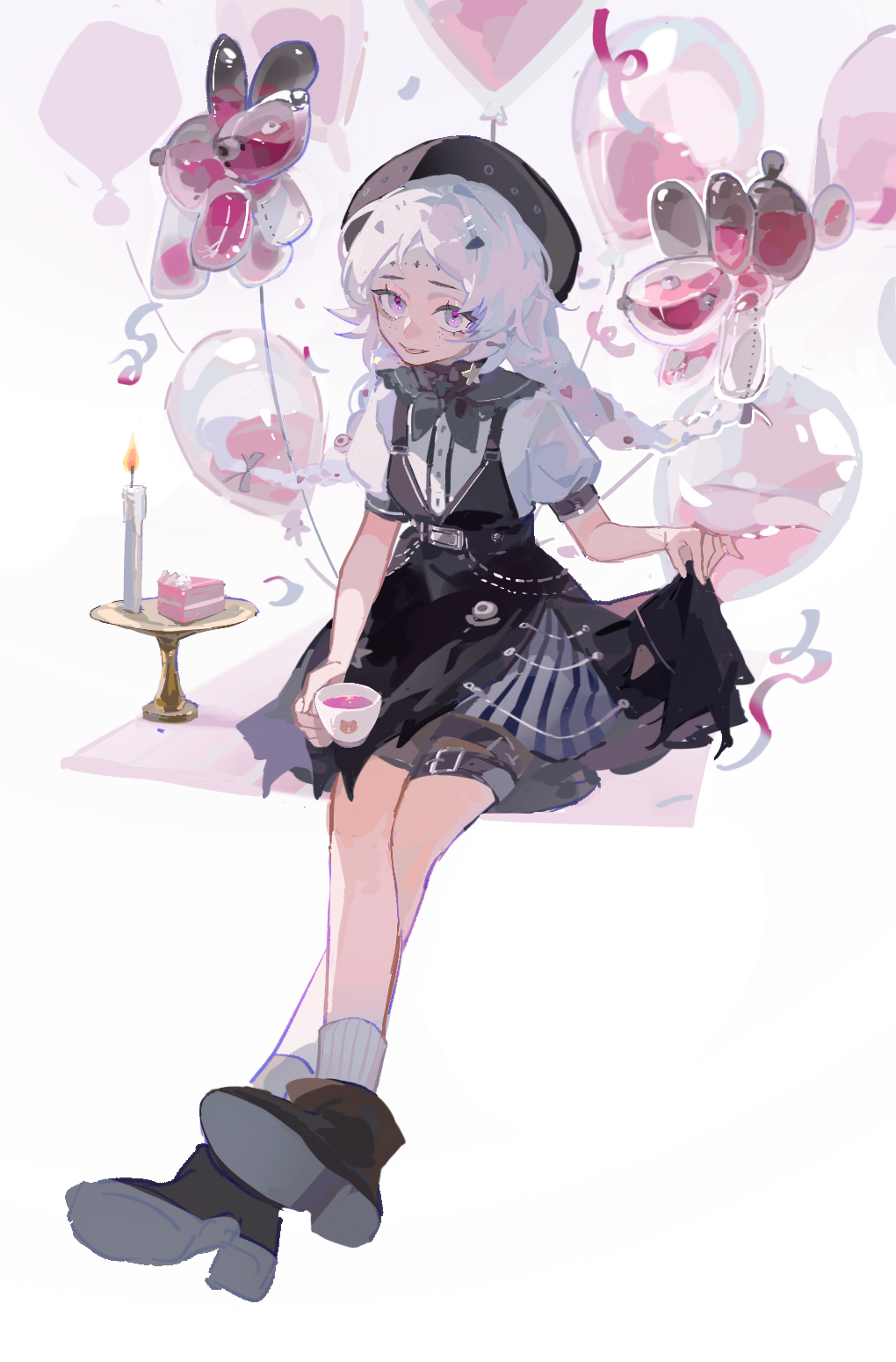 1girl, animal_balloon, balloon, balloon_party, black_dress, black_footwear, black_headwear, braid, cake, cake_slice, candle, chinese_commentary, clothes_lift, commentary_request, cup, dadapangbbf, dress, facial_mark, food, forehead_mark, freckles, full_body, highres, holding, holding_cup, long_hair, looking_at_viewer, parted_lips, pinafore_dress, pink_eyes, pink_ribbon, puffy_short_sleeves, puffy_sleeves, reverse:1999, ribbon, shirt, short_sleeves, simple_background, sitting, skirt, skirt_lift, sleeveless, sleeveless_dress, smile, solo, teacup, twin_braids, white_background, white_hair, white_shirt