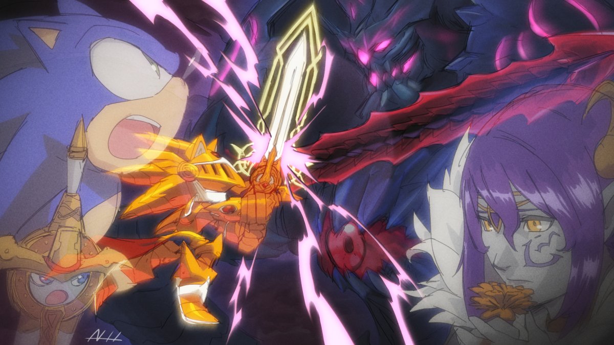 1boy, 1girl, armor, battle, caliburn_(sonic), colored_skin, excalibur_sonic, flower