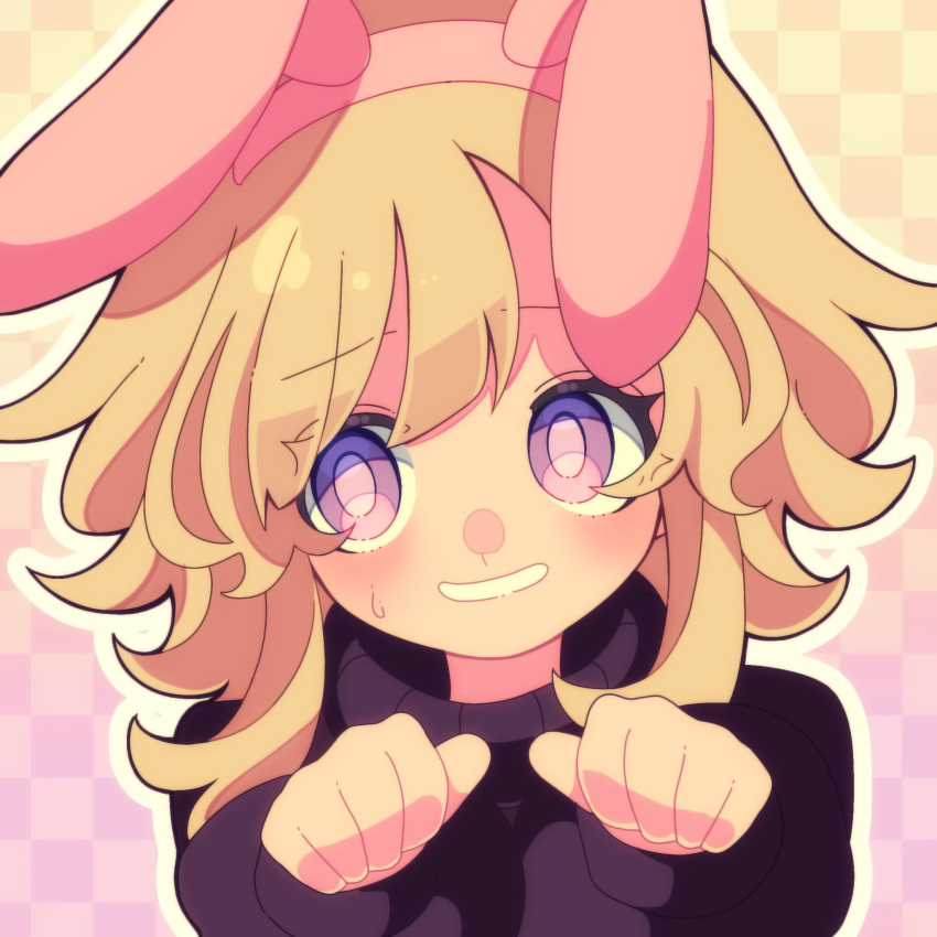 animal_ear_hairband, animal_ears, blonde_hair, checkered_background, double-parted_bangs, eyelashes, facing_viewer, fake_animal_ears