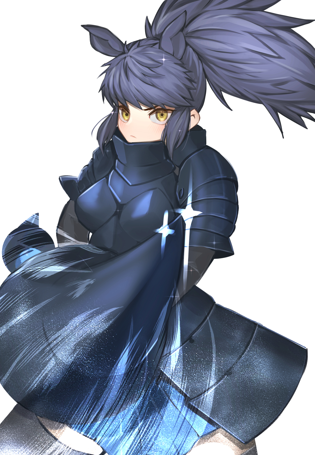 1girl, a888_n22, animal_ears, armor, black_armor, black_hair, black_rhinoceros_(kemono_friends), blue_skirt
