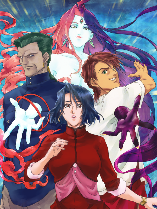 2boys, 2girls, black_hair, blue_skin, brown_hair, closed_mouth, colored_skin, earrings