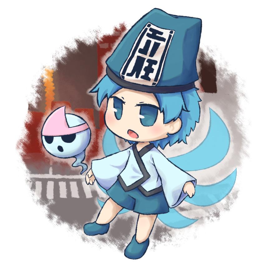 1other, androgynous, blue_eyes, blue_footwear, blue_hair, blue_headwear, blue_kimono, blue_shorts