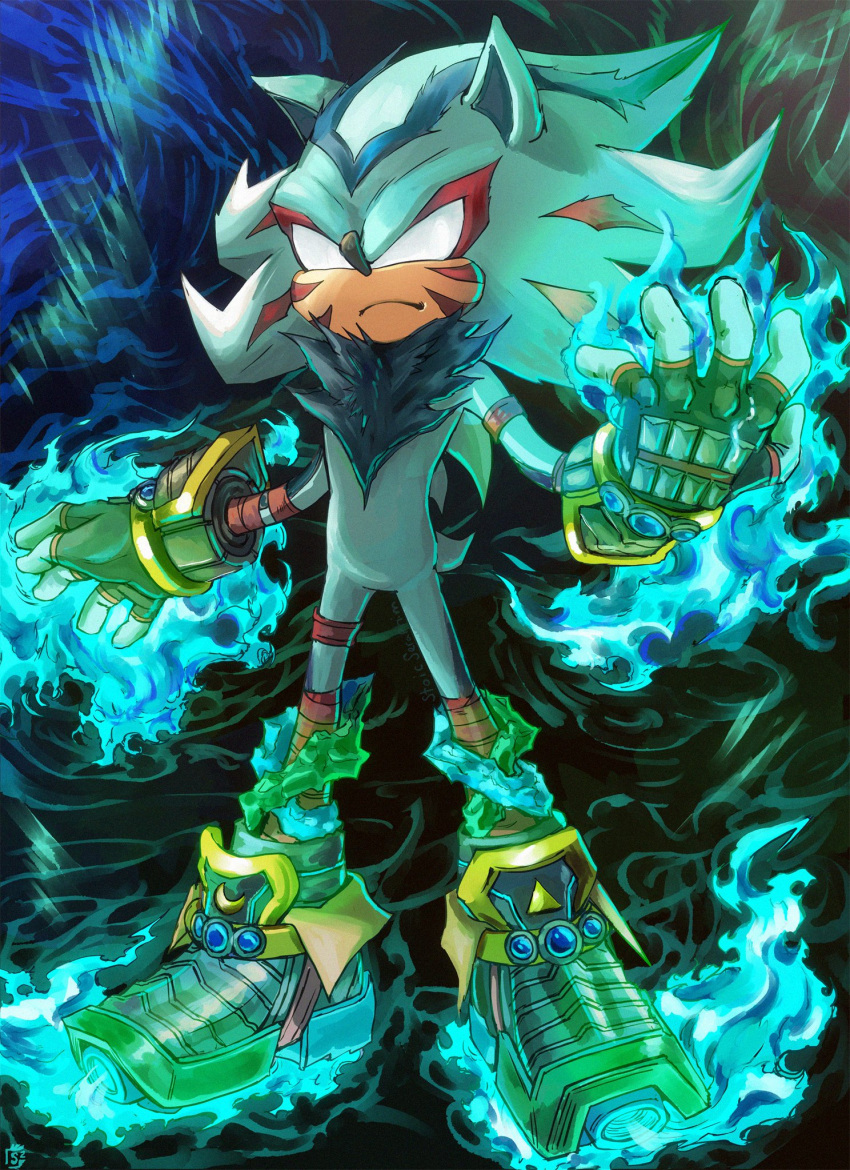 alternate_color, alternate_costume, alternate_eye_color, armor, aura, blue_gemstone, boots, corruption