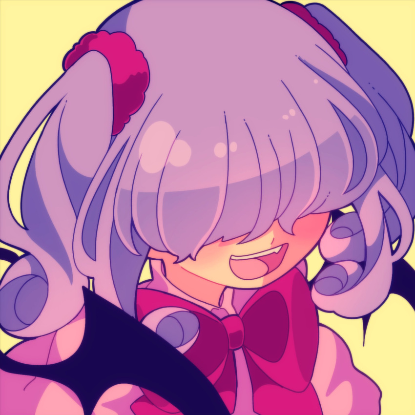 1girl, bat_wings, blush, commentary, curly_hair, dress, fang, from_above, green_background, hair_over_eyes, highres, long_bangs, oni_musume_(yume_2kki), open_mouth, pink_dress, portrait, puffy_short_sleeves, puffy_sleeves, purple_dress, purple_hair, red_scrunchie, rueruechn, scrunchie, short_sleeves, simple_background, smile, solo, symbol-only_commentary, teeth, twintails, upper_teeth_only, wings, yellow_background, yume_2kki