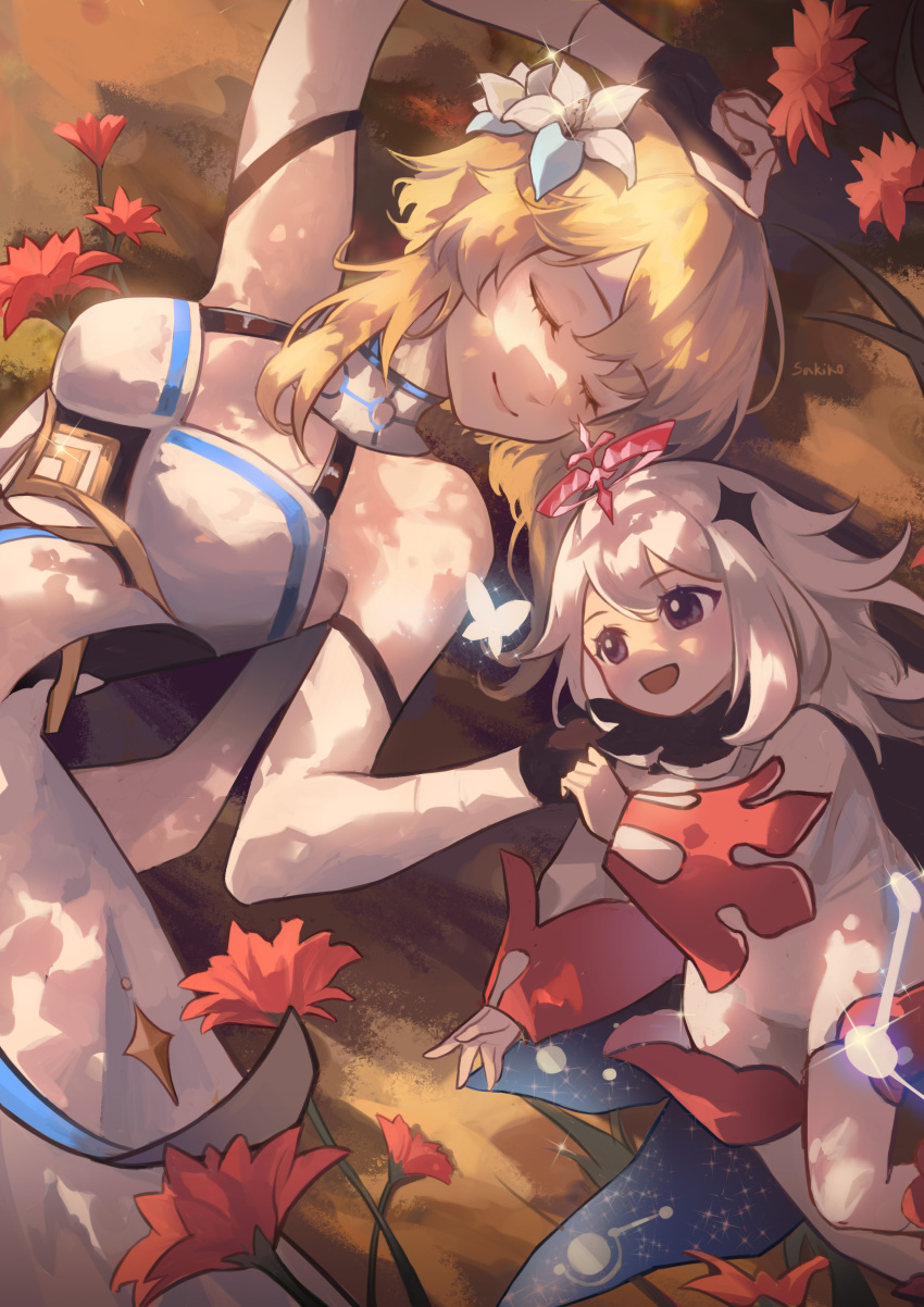 2girls, :d, absurdres, autumn_leaves, bare_shoulders, blonde_hair, blush, breasts