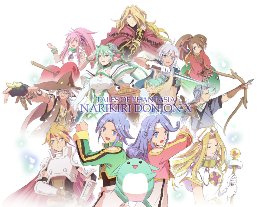 6+girls, albert_(tales), aqua_hair, arche_klein, armor, bad_id, blonde_hair, blue_hair, bow_(weapon), chester_barklight, cless_alvein, dhaos, dio_(tales), elbow_gloves, engrish, etos, facial_mark, fingerless_gloves, gloves, hair_over_one_eye, hat, headband, klarth_lester, kuruuru, londrine, mel_(tales), mint_adenade, multiple_boys, multiple_girls, norn_(tales), open_mouth, pink_hair, pointy_ears, ponytail, purple_hair, ranguage, rondorine, silver_hair, staff, suzu_fujibayashi, sword, tales_of_(series), tales_of_phantasia, tales_of_phantasia:_narikiri_dungeon_x, title_drop, vilion, weapon, white_background