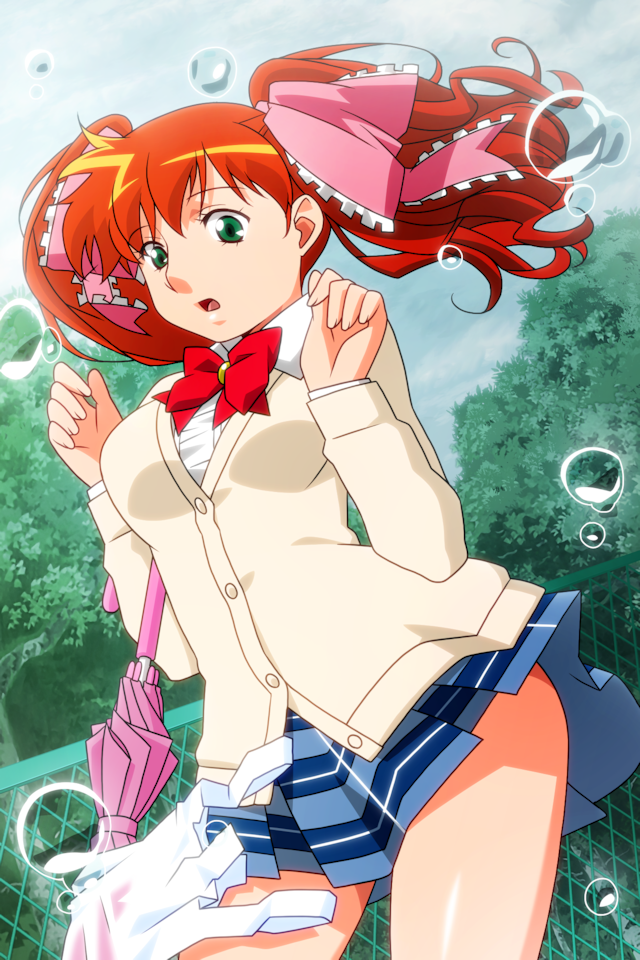 asahina_yurina, blue_skirt, cardigan, chain-link_fence, cowboy_shot, day, fence, green_eyes, hair_ribbon, holding, holding_umbrella, long_hair, long_sleeves, miniskirt, non-web_source, open_mouth, outdoors, plaid, plaid_skirt, pleated_skirt, redhead, ribbon, school_uniform, skirt, standing, super_real_mahjong, tanaka_ryou, twintails, umbrella, water_drop