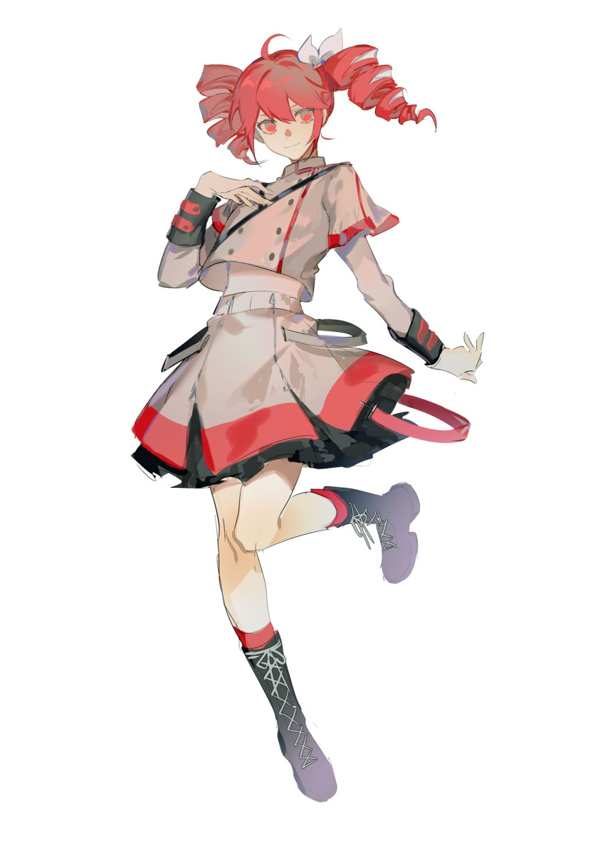 1girl, ahoge, black_footwear, boots, buttons, collared_shirt, cross-laced_footwear, double-breasted, drill_hair, full_body, hair_ribbon, hand_on_own_chest, hand_up, highres, kasane_teto, kasane_teto_(sv), knee_boots, kneehighs, lace-up_boots, leg_up, lluyss, looking_at_viewer, red_eyes, red_socks, redhead, ribbon, shirt, short_hair, simple_background, skirt, skirt_set, smile, socks, solo, standing, standing_on_one_leg, synthesizer_v, tachi-e, twin_drills, twintails, utau, white_background, white_shirt, white_skirt