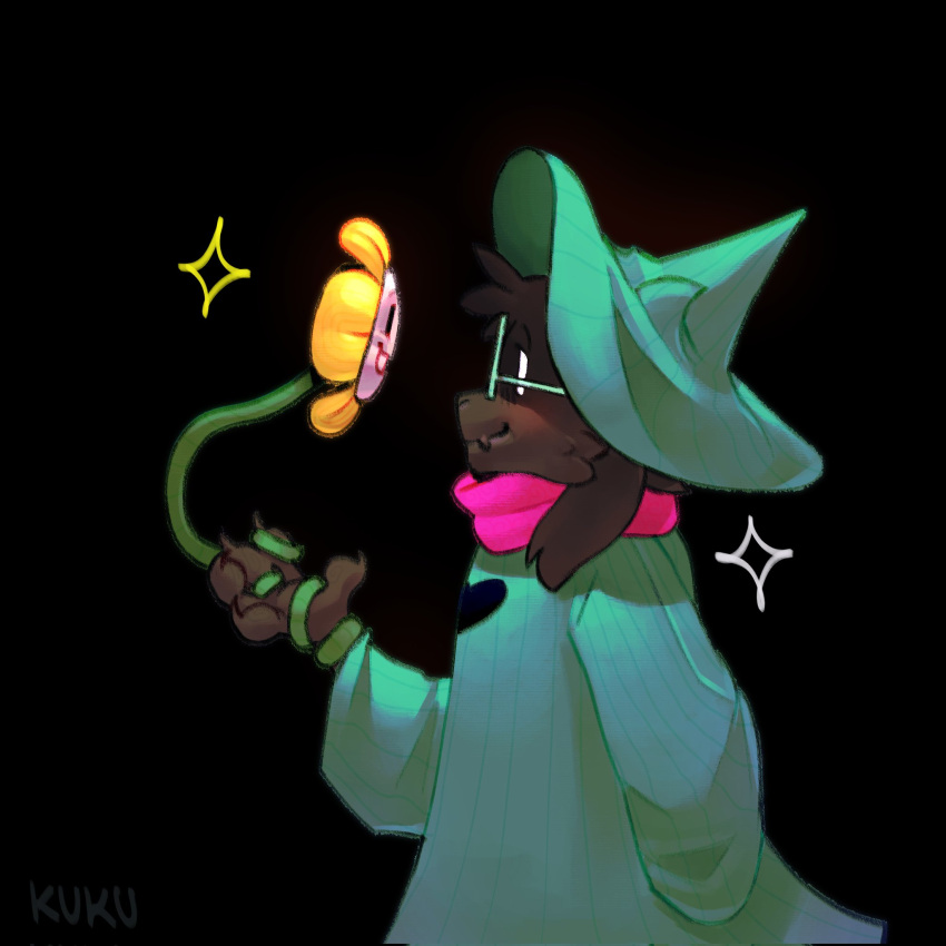 1boy, arm_behind_back, black_background, claws, deltarune, flowey_(undertale), from_side, furry