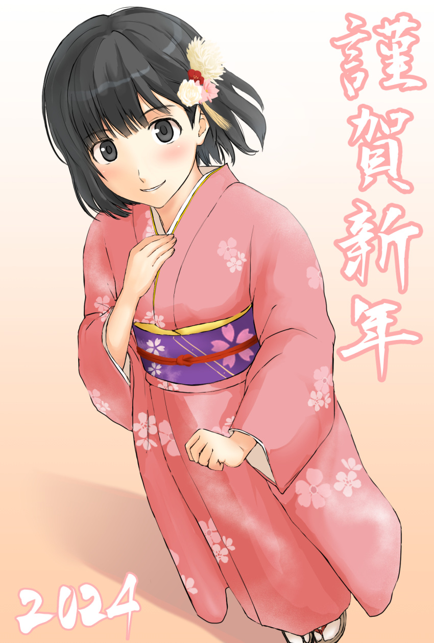 1girl, 2024, black_eyes, black_hair, floral_print, flower, hair_flower, hair_ornament