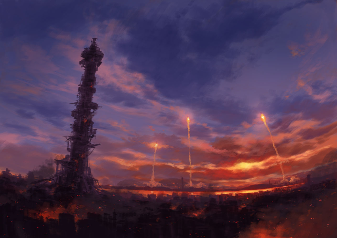 cloud, clouds, lights, metro_2033, nomu103, rocket, scenery, science_fiction