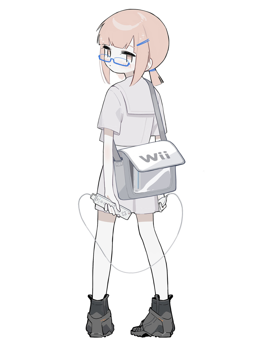 1girl, absurdres, blue-framed_eyewear, blush, controller, from_behind, full_body, game_console, game_controller, grey_footwear, hair_ornament, hairclip, highres, holding, looking_at_viewer, low_twintails, myomuron, original, pale_skin, pink_eyes, pink_hair, print_bag, sailor_collar, school_uniform, shirt, short_sleeves, simple_background, skirt, solo, twintails, white_background, white_bag, white_sailor_collar, white_shirt, white_skirt, wii, wii_remote