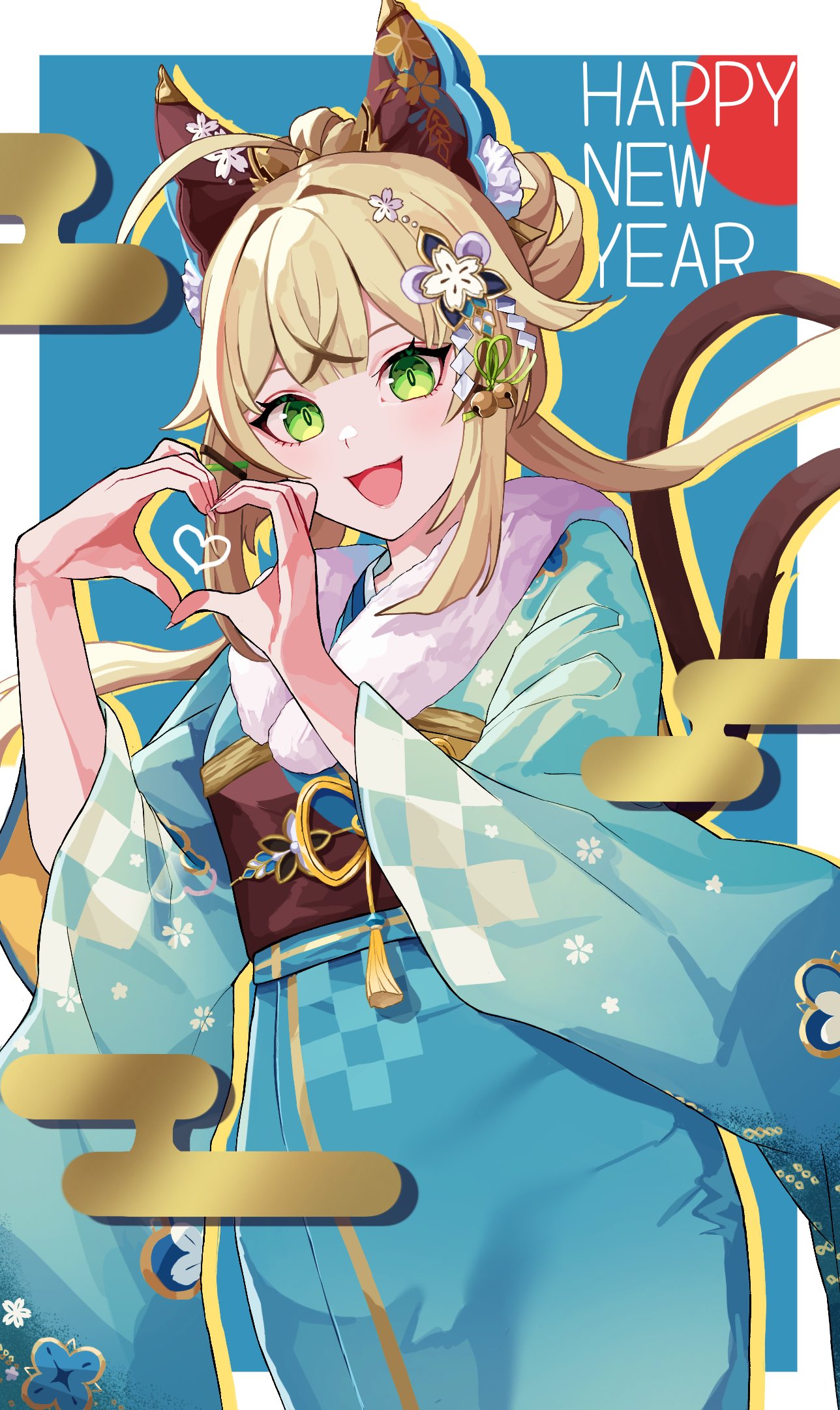 1girl, ahoge, bell, blonde_hair, blue_kimono, brown_sash, checkered_clothes, crossed_bangs
