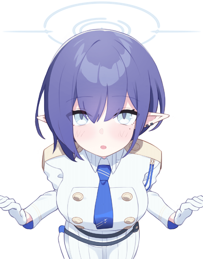 1girl, aoi_(blue_archive), blue_archive, blue_eyes, blue_hair, blue_halo, blue_necktie, blush, breasts, gloves, halo, kunabishi, large_breasts, long_sleeves, mole, mole_under_eye, necktie, open_mouth, pleated_skirt, pointy_ears, shirt, short_hair, simple_background, skirt, solo, white_background, white_gloves, white_shirt, white_skirt