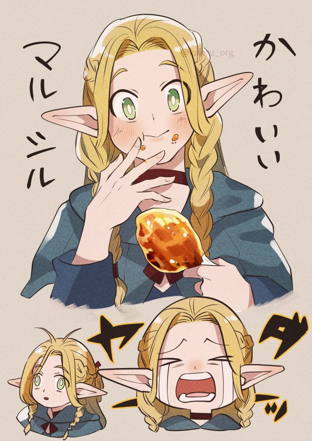 >_<, 1girl, :t, blonde_hair, blue_capelet, braid, capelet, chicken_(food), chicken_leg, choker, closed_mouth, cropped_shoulders, cropped_torso, crying, dungeon_meshi, elf, facing_viewer, food, food_on_face, french_braid, green_eyes, hands_up, happy, holding, holding_food, hood, hood_down, hooded_capelet, kokutan_kiseru, long_hair, long_sleeves, looking_ahead, looking_at_viewer, marcille_donato, messy_hair, multiple_braids, multiple_views, open_mouth, parted_bangs, pointy_ears, side_braid, simple_background, streaming_tears, tantrum, tears, wall-eyed