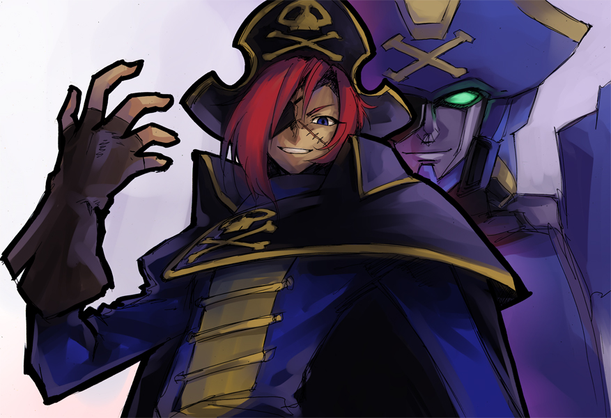 1boy, bad_id, bad_pixiv_id, blue_eyes, captain_shark, corsair, eyepatch, fingerless_gloves, gloves, grin, hat, ikuhana_niiro, male_focus, mecha, ougon_yuusha_goldran, pirate, pirate_hat, red_hair, redhead, scar, smile, walter_walzac, yuusha_series