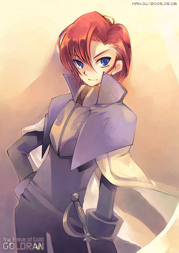 1boy, blue_eyes, cape, hand_on_hip, lowres, male_focus, ougon_yuusha_goldran, rapier