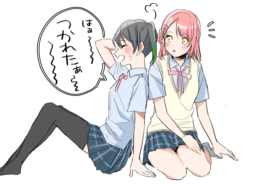 absurdres, aki_m_m_a, black_hair, black_thighhighs, blue_shirt, blue_skirt, blush, closed_eyes