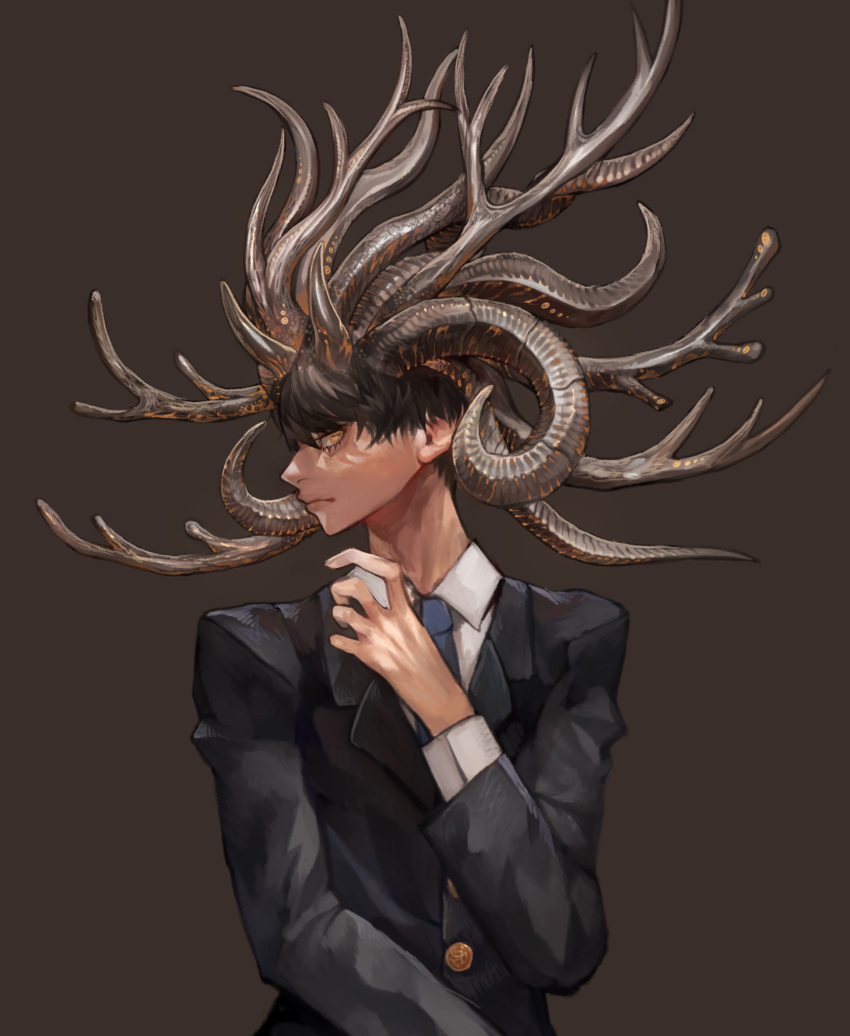 1boy, antlers, black_hair, black_jacket, blazer, blue_necktie, brown_background, closed_mouth