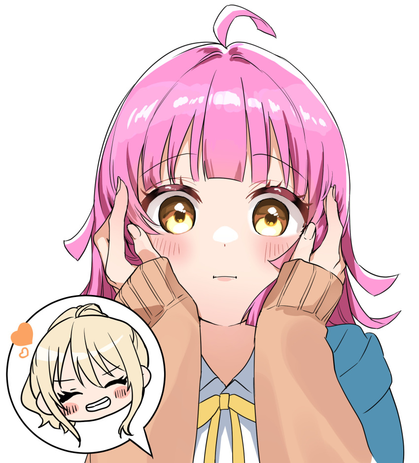 2girls, ahoge, aki_m_m_a, blonde_hair, blunt_bangs, brown_cardigan, cardigan, closed_eyes