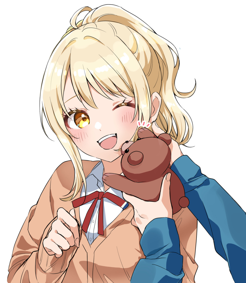 2girls, aki_m_m_a, blonde_hair, blue_hoodie, blush, cardigan, collared_shirt, highres, holding, holding_stuffed_toy, hood, hoodie, long_sleeves, looking_at_viewer, love_live!, love_live!_nijigasaki_high_school_idol_club, medium_hair, miyashita_ai, multiple_girls, neck_ribbon, one_eye_closed, open_mouth, orange_cardigan, orange_eyes, pov, pov_hands, red_ribbon, ribbon, shirt, short_ponytail, sidelocks, stuffed_animal, stuffed_toy, teddy_bear, teeth, tennoji_rina, upper_body, upper_teeth_only, white_background, white_shirt, winter_uniform, yellow_eyes