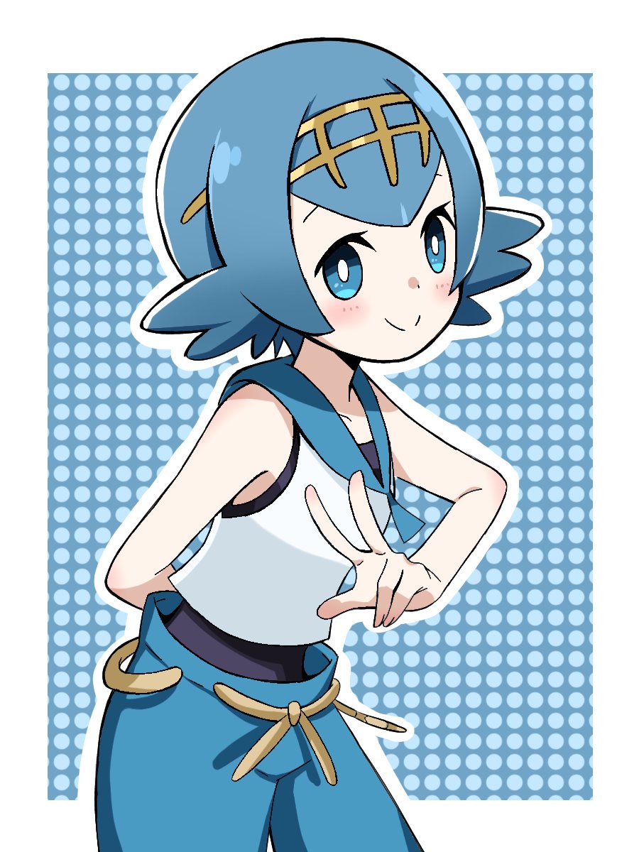 1girl, bare_arms, blue_eyes, blue_hair, blue_pants, blue_sailor_collar, blush, bright_pupils