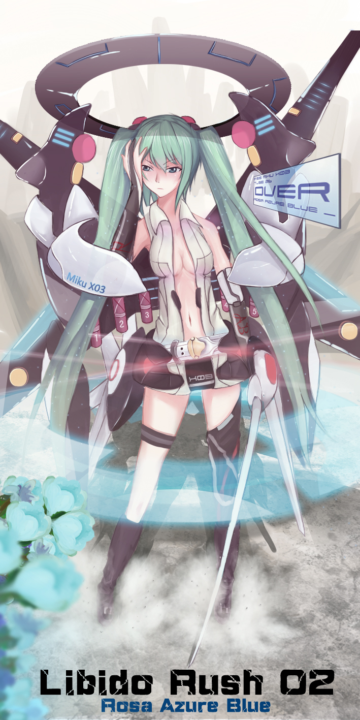 belt, boots, bridal_gauntlets, green_eyes, green_hair, hatsune_miku, hatsune_miku_(append), highres