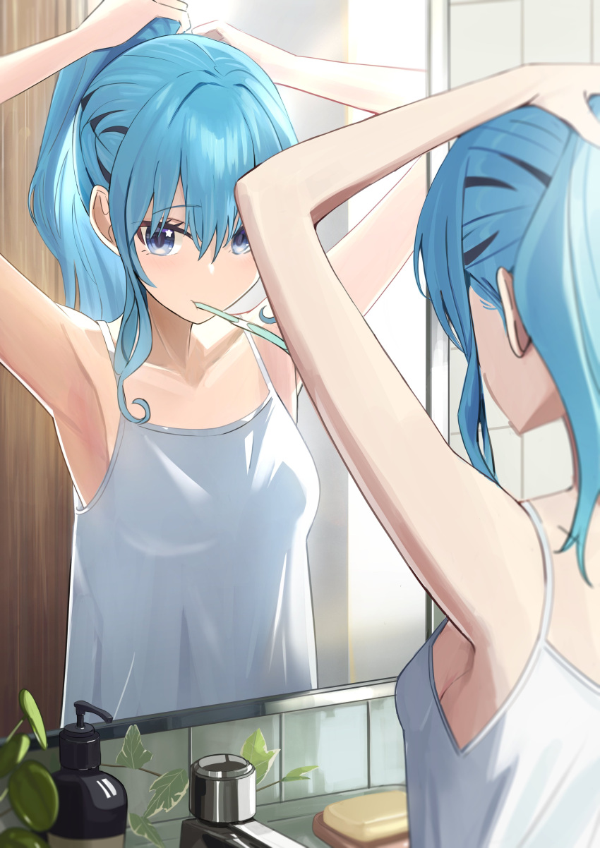 1girl, absurdres, adjusting_hair, armpits, arms_up, bar_soap, bathroom, black_hair