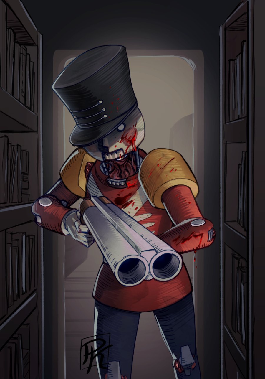 blood, blood_on_face, bookshelf, cowboy_shot, double-barreled_shotgun, gun, hat, highres, holding, holding_gun, holding_weapon, indoors, lethal_company, looking_at_viewer, military_hat, military_uniform, no_humans, nutcracker, nutcracker_(lethal_company), pailknight, shako_cap, shotgun, standing, uniform, weapon