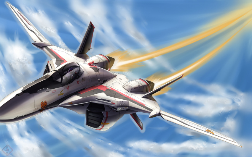 cloud, clouds, flightsuit, flying, henry_gilliam, highres, jet, macross, macross_frontier, mecha, pilot_suit, pixiv_manga_sample, raybar, saotome_alto, sky, vf-25