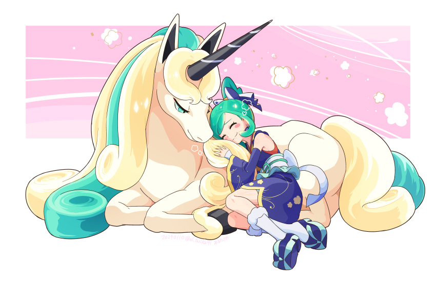 1girl, affectionate, alternate_color, arutarika_(ri_kaoekaki), bare_shoulders, blue_footwear, blush_stickers, closed_eyes