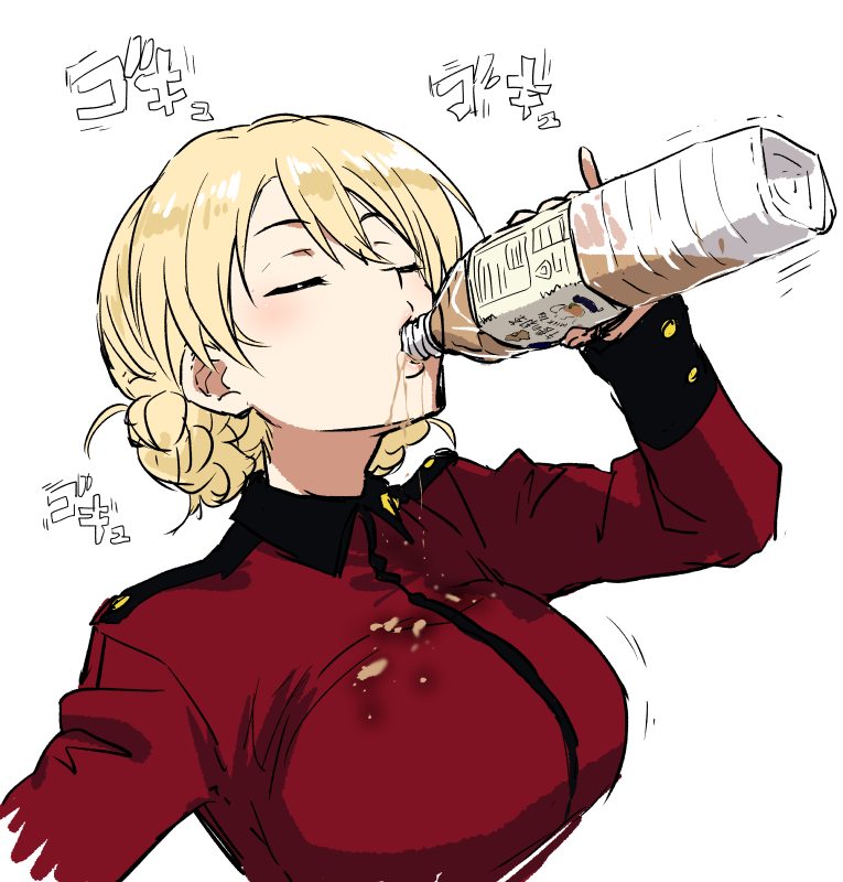 blonde_hair, bottle, braid, breasts, closed_eyes, darjeeling_(girls_und_panzer), drink, dripping