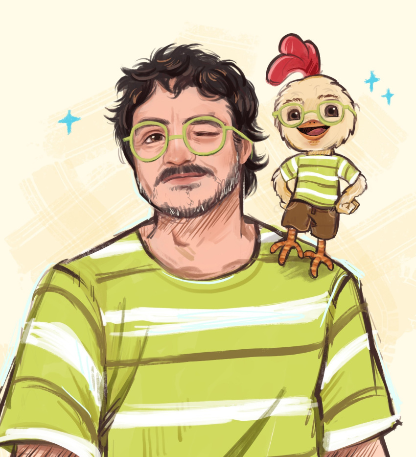 2boys, bird, black_hair, brown_eyes, brown_shorts, chicken, chicken_little, chicken_little_cluck, ciaa-arts, clenched_hands, closed_mouth, crossover, english_commentary, glasses, green_shirt, highres, looking_at_viewer, multiple_boys, open_mouth, pedro_pascal, portrait, real_life, rooster, shirt, short_hair, shorts, simple_background, smile, sparkle