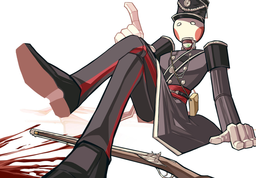 black_pants, blood, buttons, gloves, green_eyes, gun, hands_on_floor, hat