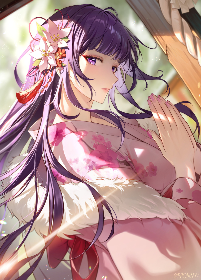 1girl, absurdres, breasts, floral_print, flower, fur_trim, genshin_impact, hair_flower, hair_ornament, highres, japanese_clothes, kimono, long_hair, long_sleeves, mole, mole_under_eye, pink_kimono, pink_nails, pponnya, purple_hair, raiden_shogun, solo, tassel, violet_eyes