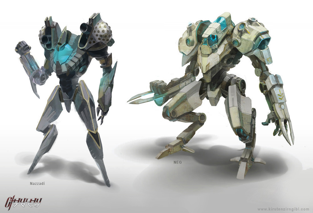 arm_cannon, armor, blue_light, clenched_hand, cockpit, concept_art, copyright_name, cthulhutech, digitigrade, english_commentary, joints, kirsten_zirngibl, mecha, no_feet, no_humans, official_art, open_hand, robot, robot_joints, science_fiction, shoulder_armor, shoulder_cannon, simple_background, weapon, web_address, white_background