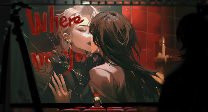 2girls, absurdres, arm_tattoo, bare_arms, black_hair, black_shirt, broken_mirror, candle