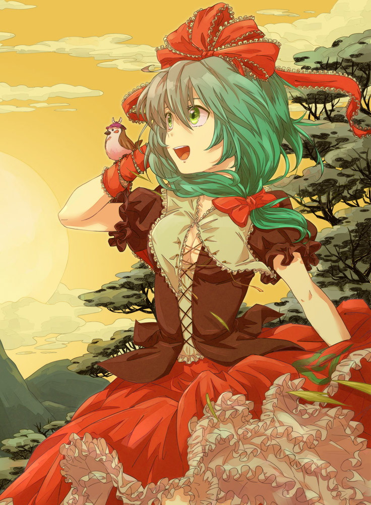 :d, arm_ribbon, bird_on_arm, bow, breasts, cleavage, cloud, clouds