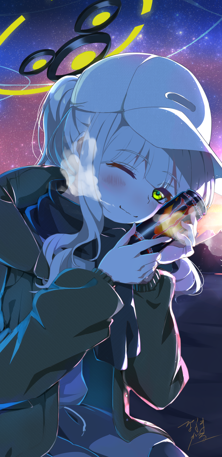 1girl, baseball_cap, black_scarf, blue_archive, blush, can, can_to_cheek, closed_mouth