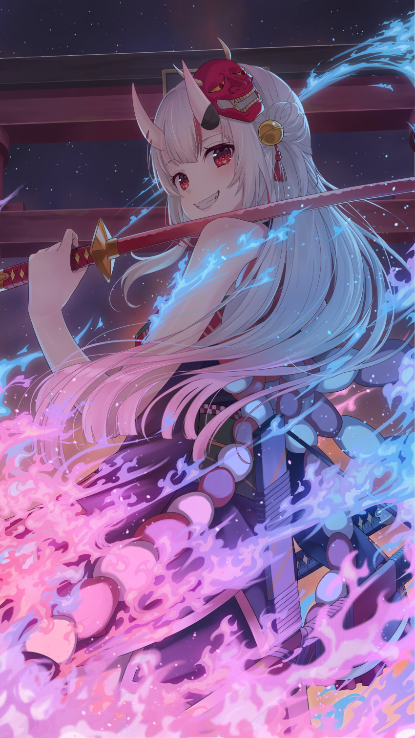 1girl, absurdres, bare_shoulders, bell, black_kimono, blue_fire, blush, bright_pupils, burning, cowboy_shot, fang, fire, hair_bell, hair_between_eyes, hair_bun, hair_ornament, highres, holding, holding_sword, holding_weapon, hololive, horns, japan, japanese_clothes, jingle_bell, katana, kimono, kouhaku_nawa, long_hair, looking_at_viewer, looking_back, mask, mask_on_head, multicolored_clothes, multicolored_fire, multicolored_hair, multicolored_kimono, nakiri_ayame, nakiri_ayame_(1st_costume), night, night_sky, oni, oni_mask, open_mouth, over_shoulder, pink_fire, print_kimono, red_eyes, red_kimono, redhead, rope, sash, scabbard, sheath, shima6644, shimenawa, shinto, sidelocks, skin-covered_horns, sky, smile, solo, standing, star_(sky), starry_sky, streaked_hair, sword, sword_over_shoulder, teeth, torii, two-tone_sash, virtual_youtuber, weapon, weapon_over_shoulder, white_hair