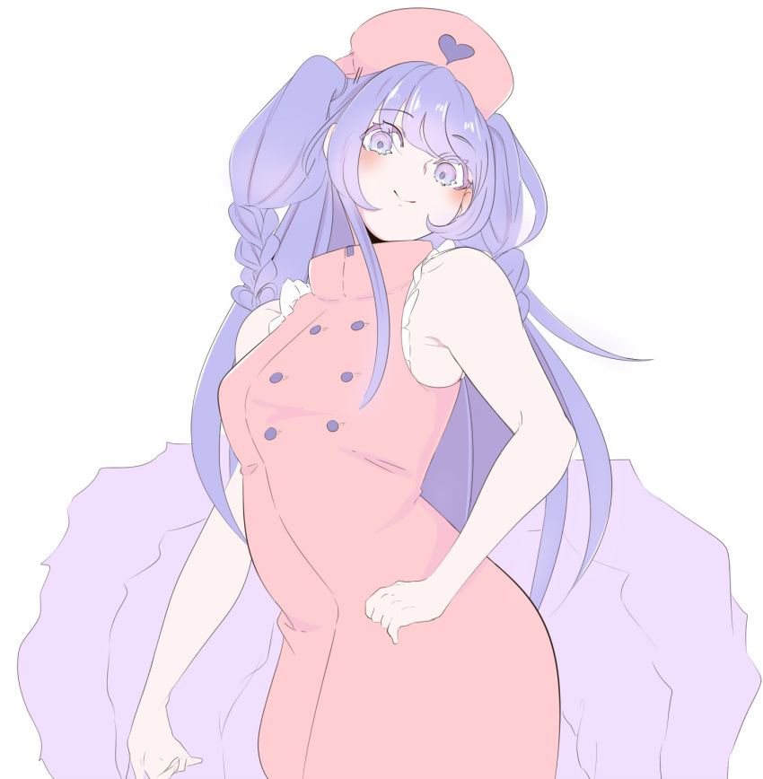 1girl, alternate_costume, amiya_aranha, armpit_peek, arthropod_limbs, blush, breasts, dress, english_commentary, extra_legs, hair_behind_ear, hat, head_tilt, highres, im_mechecheche, indie_virtual_youtuber, looking_at_viewer, medium_breasts, nurse, nurse_cap, pink_dress, pink_headwear, purple_hair, simple_background, sleeveless, sleeveless_dress, smile, solo, two_side_up, virtual_youtuber, white_background