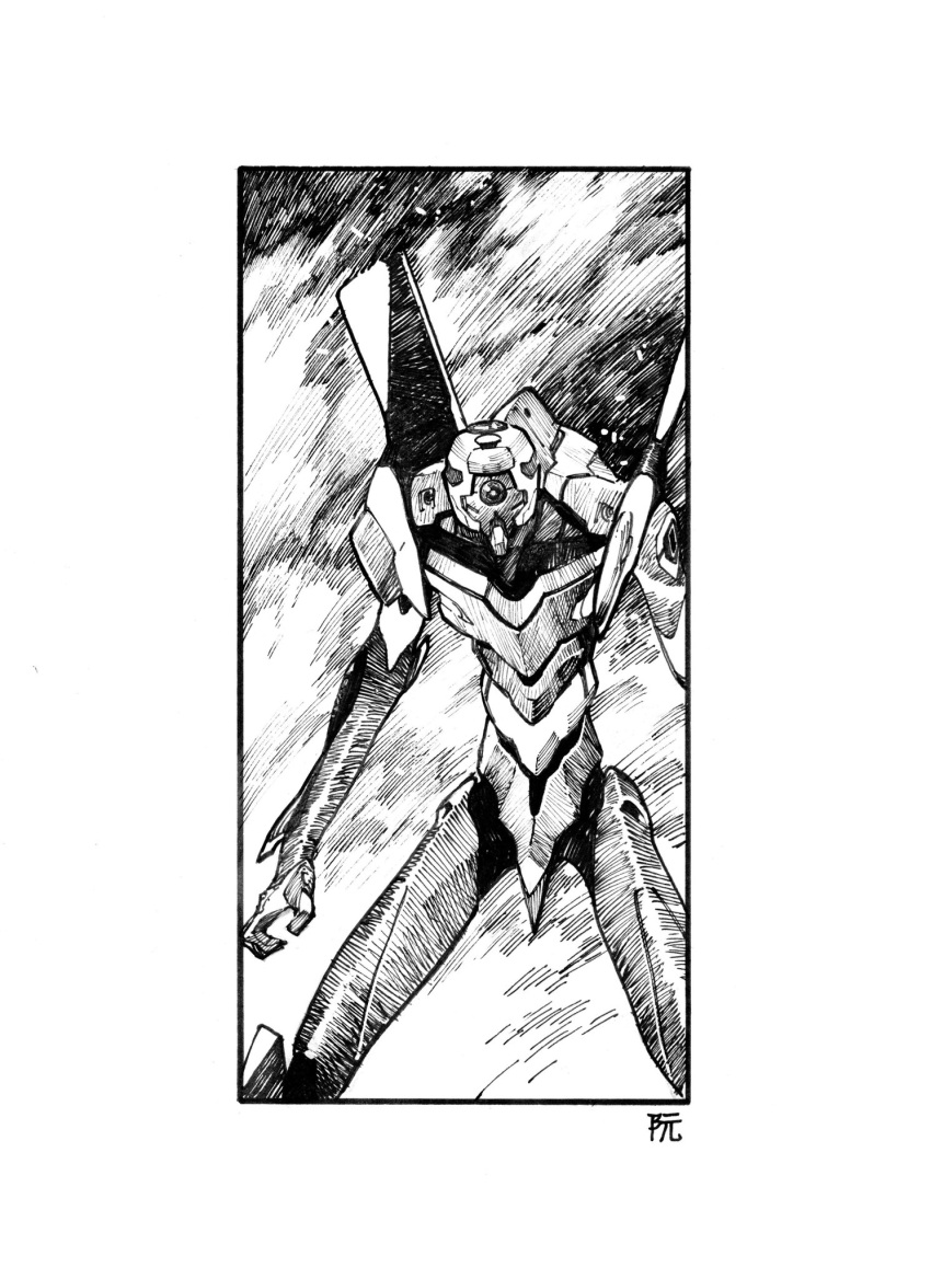 border, dike_ruan, eva_00, evangelion_(mecha), greyscale, highres, ink_(medium), looking_at_viewer