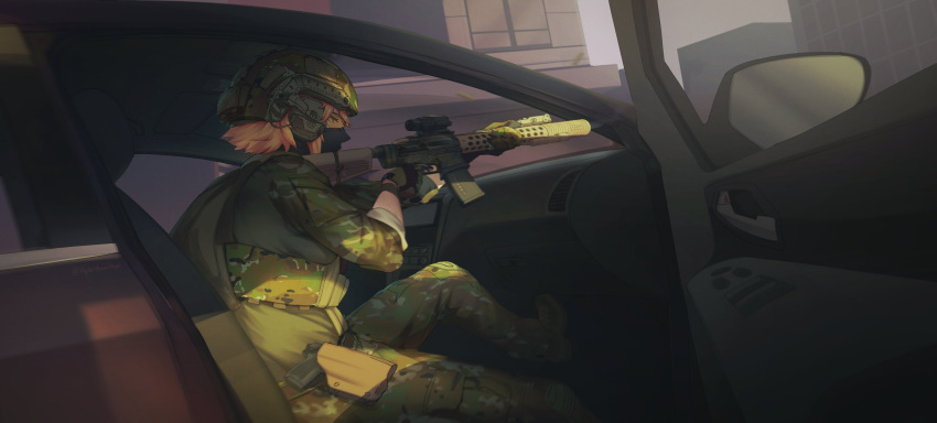 1girl, ar-15, camouflage, car, firing, gun, handgun, headset, highres, looking_to_the_side, mask, military_uniform, motor_vehicle, mouth_mask, open_door, original, paperboathat, rifle, signature, sitting, sleeves_rolled_up, solo, sonya_(paperboathat), suppressor, uniform, weapon