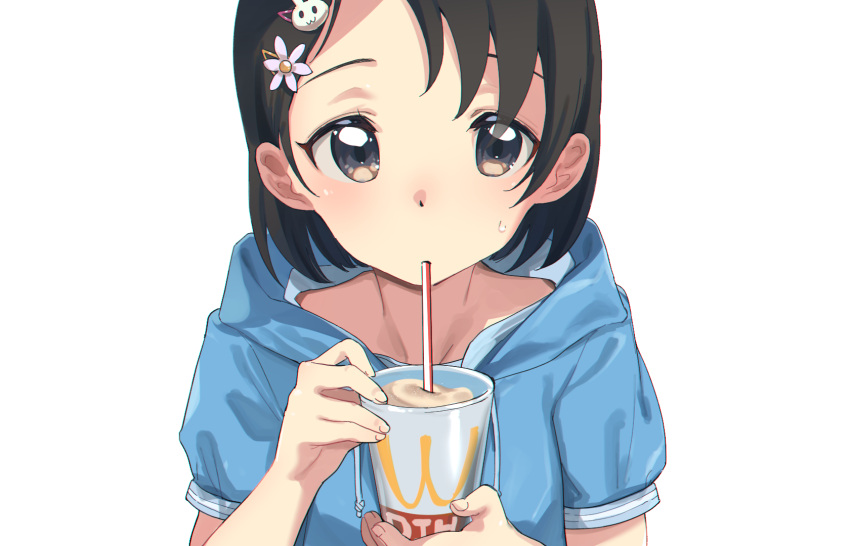 1girl, bad_id, bad_pawoo_id, black_hair, blue_hoodie, cup, disposable_cup, djheycha