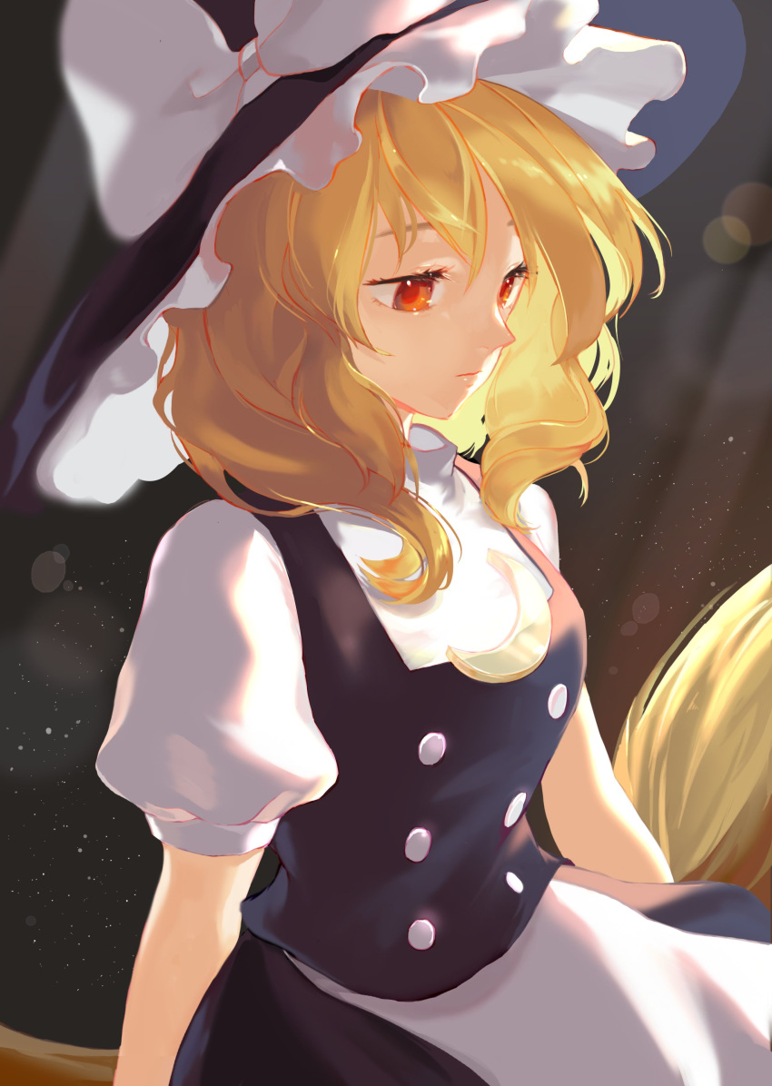 1girl, absurdres, apron, black_dress, black_headwear, blonde_hair, bow, breasts