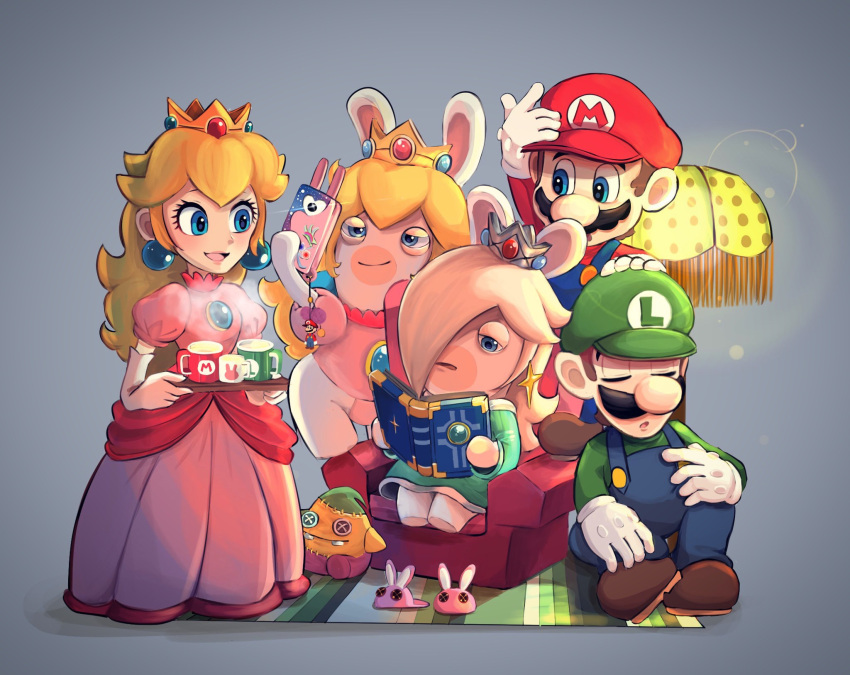 2boys, 3girls, :d, :o, animal_slippers, aqua_dress, arm_up, armchair