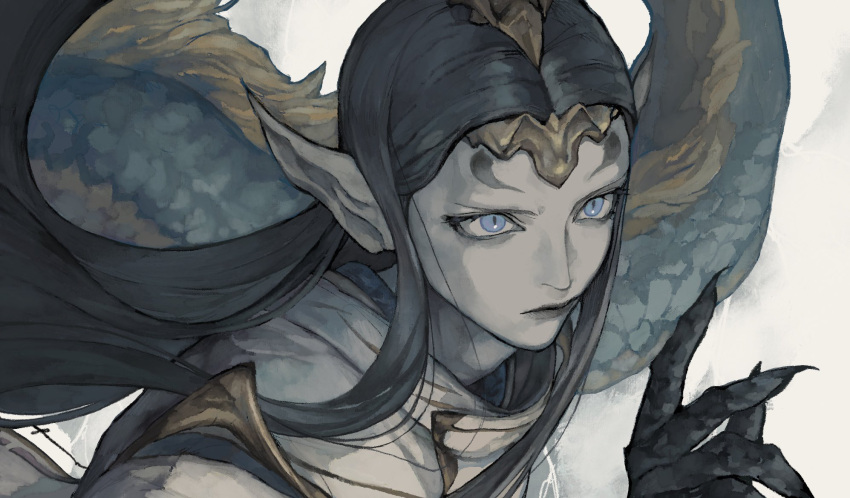 1boy, androgynous, black_hair, black_lips, blue_eyes, circlet, colored_extremities, colored_skin