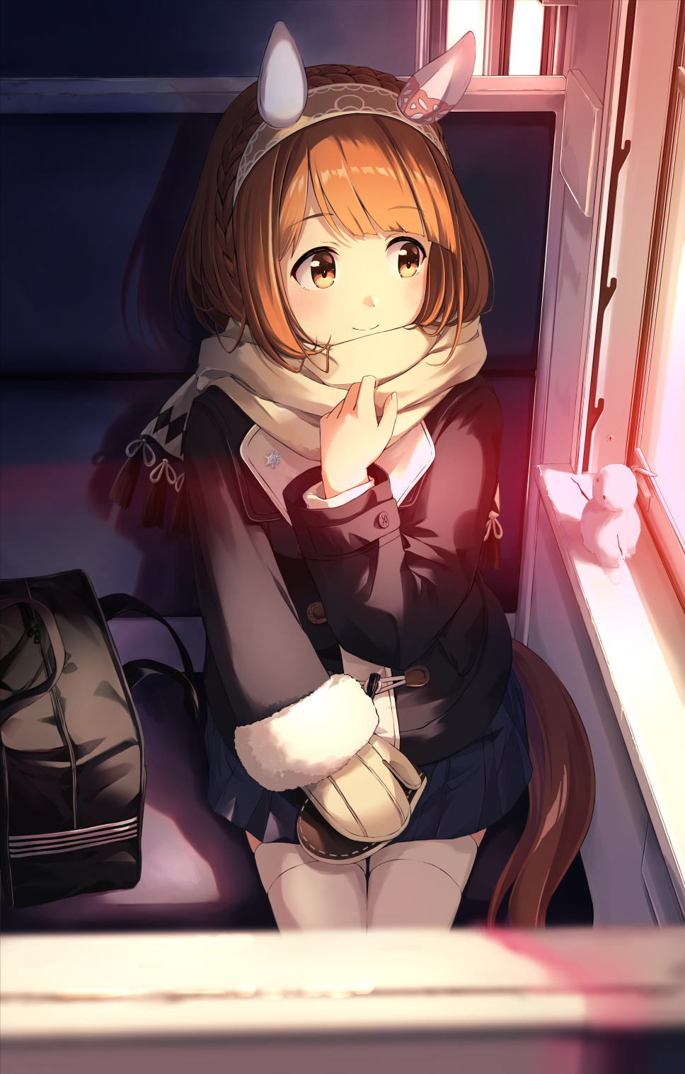 1girl, animal_ears, bag, braid, brown_eyes, brown_hair, chair, couch