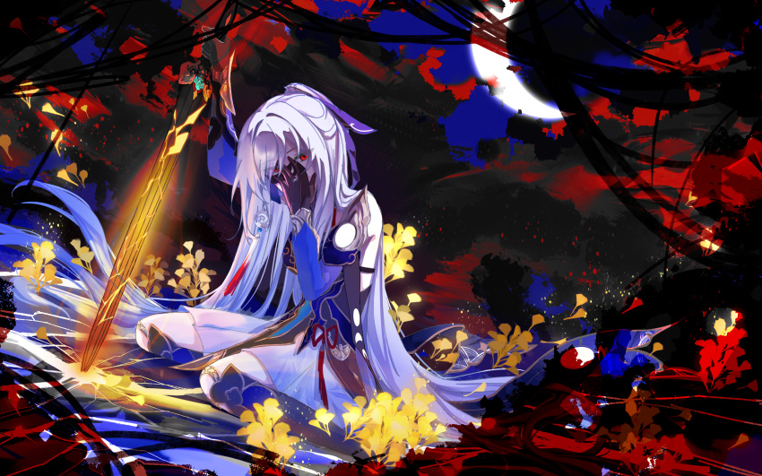 1girl, absurdres, arms_up, bare_shoulders, black_footwear, black_gloves, blue_sleeves, crescent_moon